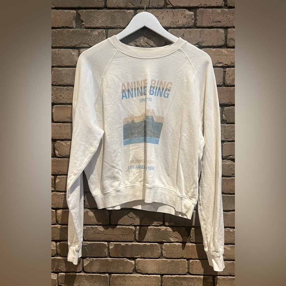 Anine Bing Cream Crewneck Sweatshirt with Blue & Tan Graphic